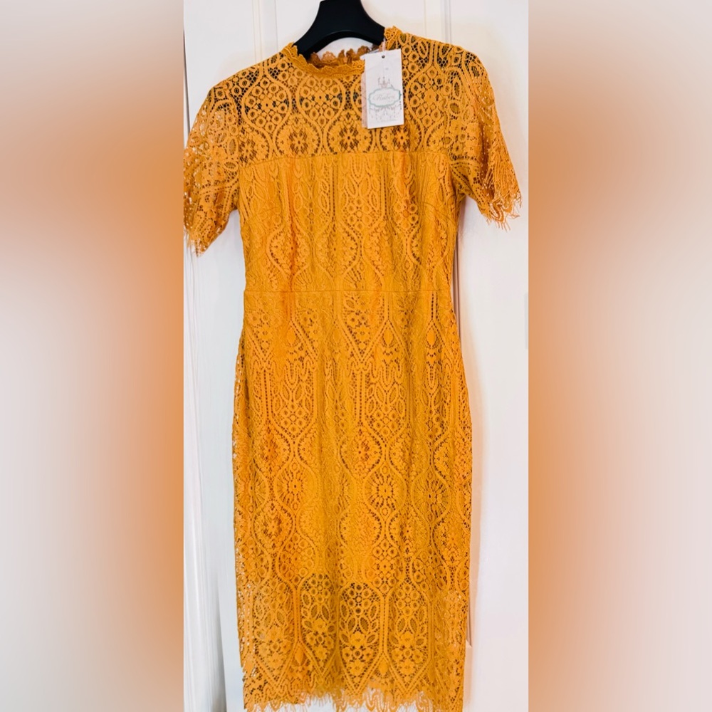 Elegant Lace Midi Dress in Orange